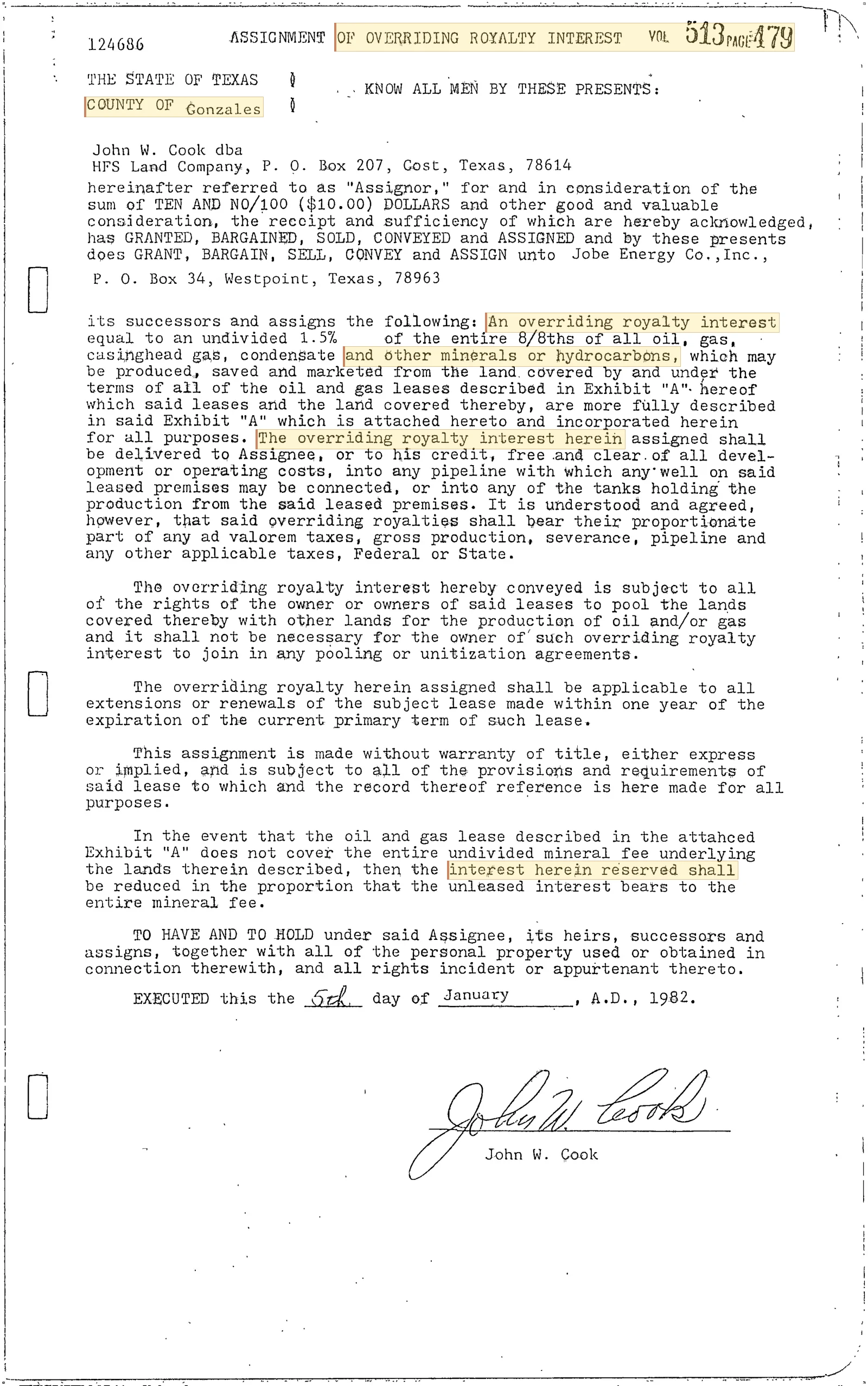 H. F. S. Land Co. Recorded Assignment of Overriding Royalty (Gonzales County Vol. 513, Page 479)