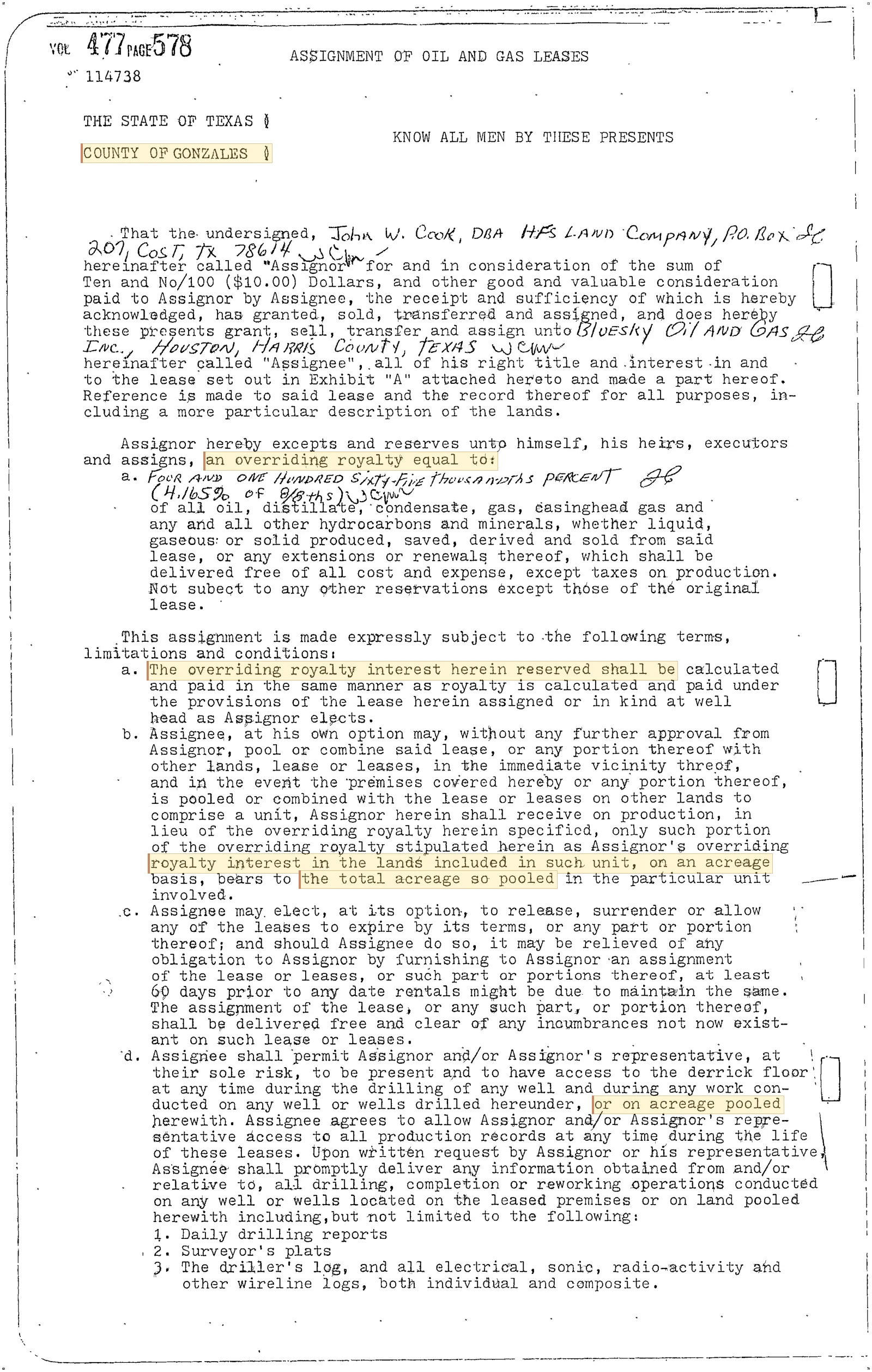 H. F. S. Land Co. Recorded Oil & Gas Lease Amendment (Gonzales County Vol. 477, Page 578)